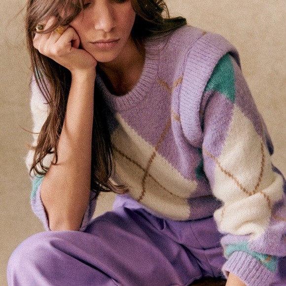 SEZANE Women’s XXS Edward Jumper Alpaca Blend Sweater Argyle Harlequin Pastel - Picture 4 of 7